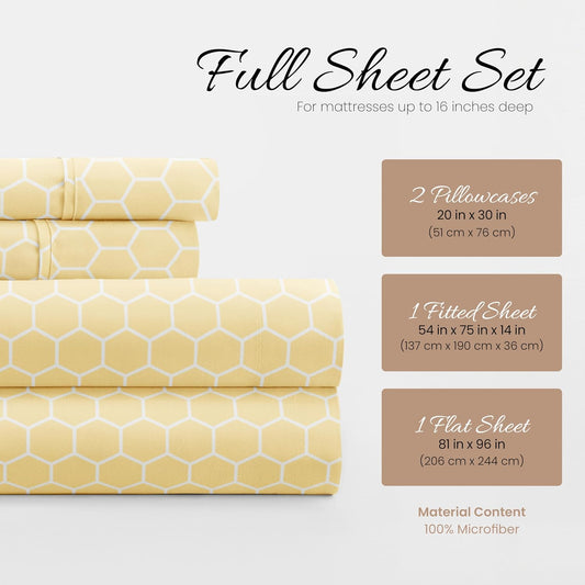 Patterned Microfiber Full Sheet Set 4 Piece โ Oeko-TEX Certified Ultra Soft & Wrinkle-Free - 16" Deep Pocket Sheets - Easy Care Full Size - Honeycomb Yellow