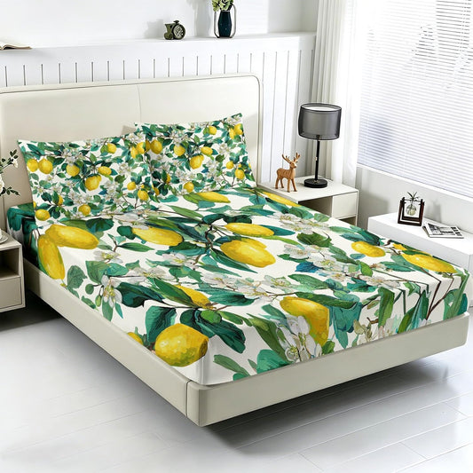 King Size Sheet Set Fruits Floral โ 4 Piece Bed Sheets Fresh Yellow Lemons White Flowers, Soft Microfiber, Includes 1 Fitted Sheet, 1 Flat Sheet and 2 Pillowcases, for Guest Room, Yellow White