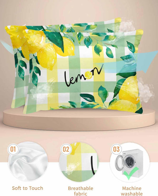 Satin Pillowcases Standard Size, Summer Lemon Silk Pillow Cases for Hair and Skin with Zipper 2 Pack, Botanical Fruit Leaves Yellow Green Striped Smooth Throw Pillow Covers for Sleeping, 20"x26"