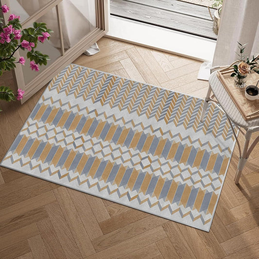 4x6ft Geometric Abstract Design Non-Slip Area Rug โ Soft Low Pile Modern Simplicity,Machine Washable Living Room Rug for Bedroom, Hallway โ Easy Clean Decorative Home Carpet Yellow Q1794
