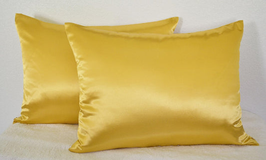 Aiking Home 100% Polyester Bridal Satin Luxury Pillowcases โ Set of 2 Invisible Zipper Pillowcases - Machine Washable - (Queen 20x30 inch, Yellow)