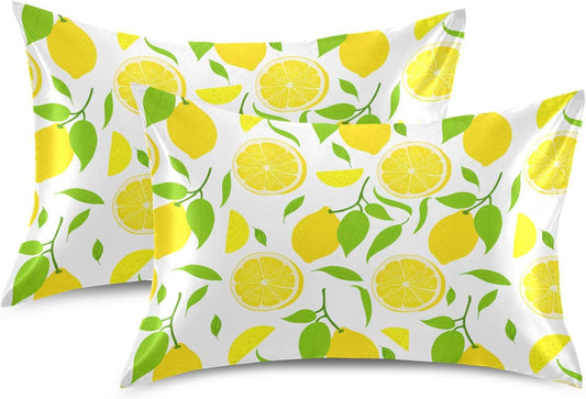 Bright Yellow Lemons Satin Pillow Cases, Soft Cozy Wrinkle Free Pillow Covers, Machine Washable Pillowcase Covers with Envelope Closure Standard Size 20โ x 26โ