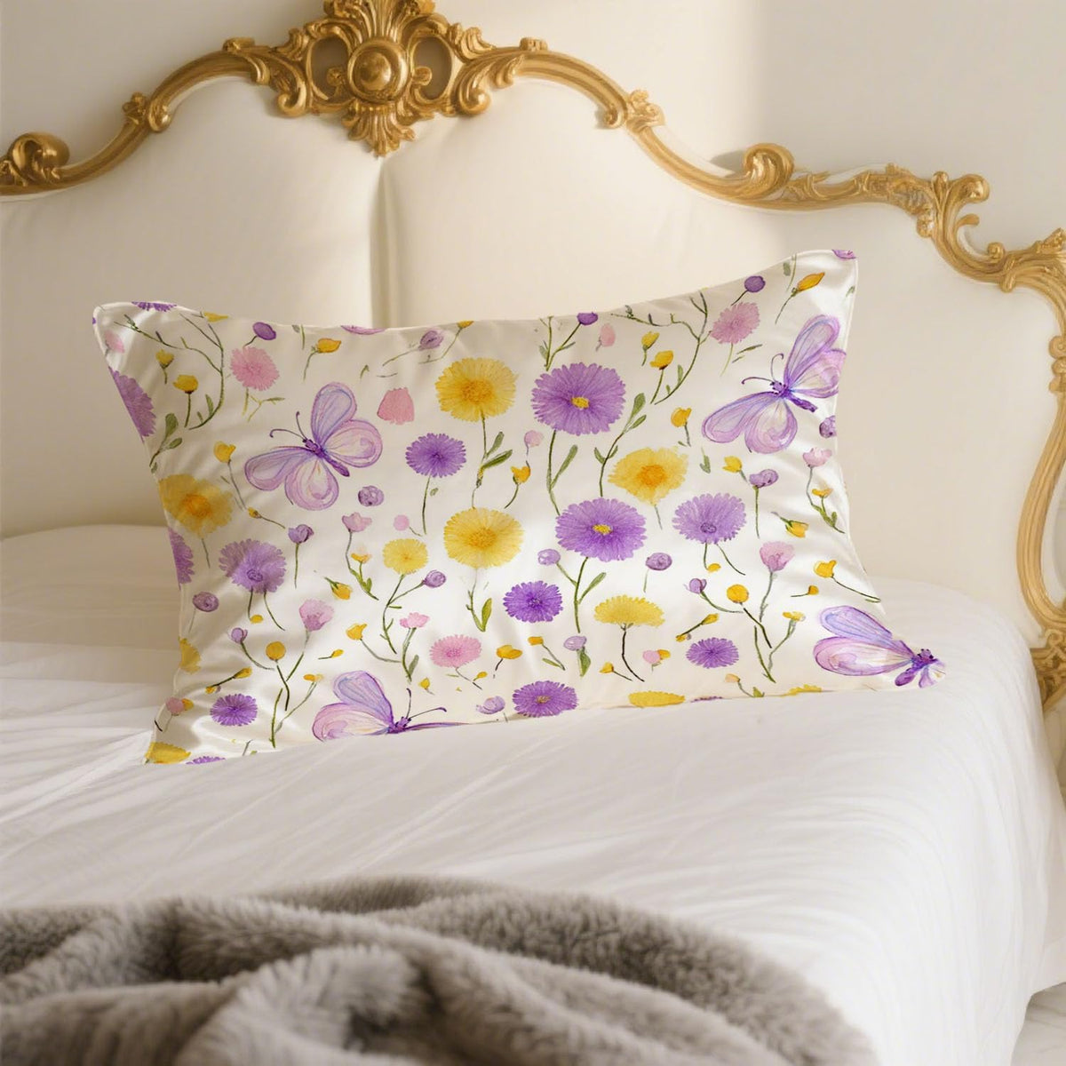 Satin Pillowcase with Zipper for Hair and Skin Yellow Purple Floral and Butterfly 1 Pack Soft Silk Pillow Case Standard Size Wrinkle-Free Smooth and Cooling Satin Pillow Cover 20โx26โ
