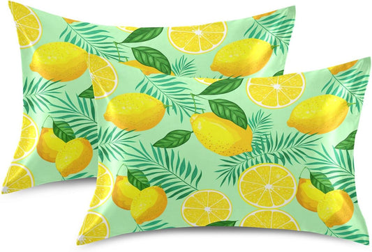 Yellow Lemon and Green Leaves Satin Pillow Cases, Soft Cozy Wrinkle Free Pillow Covers, Machine Washable Pillowcase Covers with Envelope Closure Standard Size 20โ x 26โ