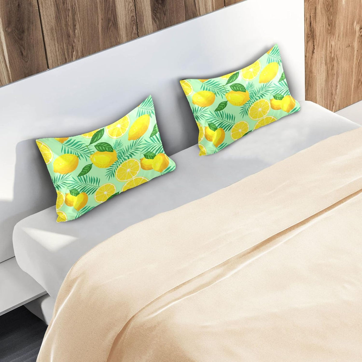 Yellow Lemon and Green Leaves Satin Pillow Cases, Soft Cozy Wrinkle Free Pillow Covers, Machine Washable Pillowcase Covers with Envelope Closure Standard Size 20โ x 26โ