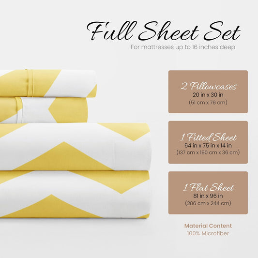 Double-Brushed Patterned Microfiber Full Sheet Set 4 Piece โ Oeko-TEX Certified Ultra Soft & Wrinkle-Free - 16" Deep Pocket Sheets - Easy Care Full Size - Arrow Yellow