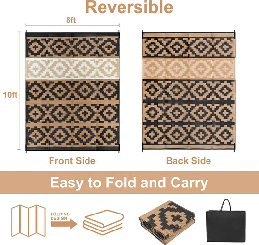 Outdoor Rugs 8x10 for Patios Clearance, Reversible Plastic Straw Outside Rug, Large Outdoor Area Rug RV Camping Mat for Deck, Backyard, Picnic, Beach, Trailer(Black&Brown, 8โx10')