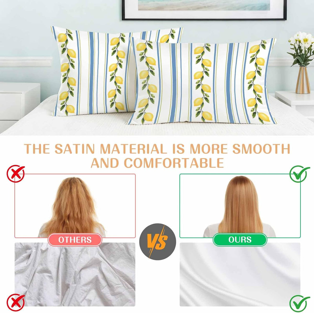 Lemon Striped Standard Pillowcase Set of 2, Yellow Fruit Blue White Satin Pillow Case Cover with Smooth Hidden Zipper Closure, Soft Throw Pillow Covers Cases for Home Decoration 20 X 26 Inches