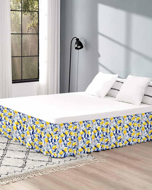 Summer Lemon Bed Skirt Queen Size 16 Inch Drop, Adjustable Elastic Wrap Around Bed Skirts Easy Fitting Dust Ruffle Bedskirt Bed Frame Cover Watercolor Yellow Blue Garden Floral