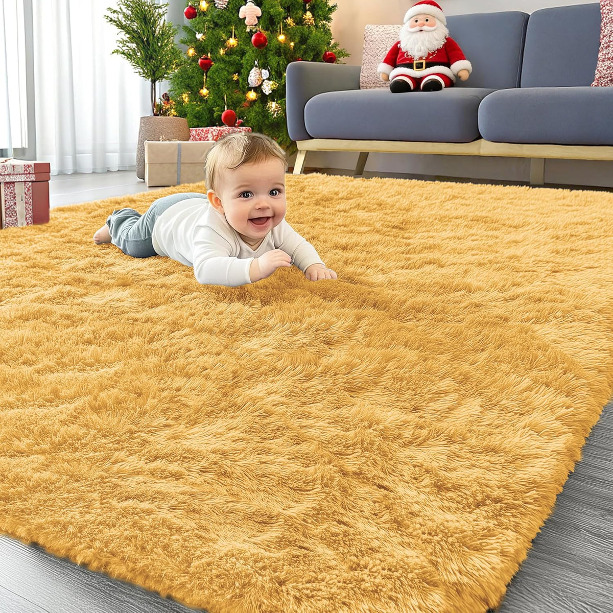 Area Rugs for Living Room Bedroom, Machine Washable 4x5.9 ft Soft Fluffy Shaggy Bedside Rug, Indoor Floor Carpet for Kids Girls and Boys, Dorms, Nursery Rooms, Home Decor, Mustard Yellow