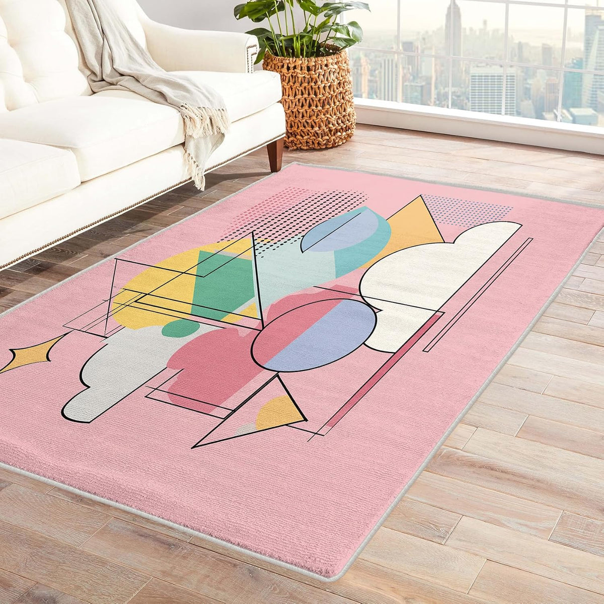 Geo Abstract Rug 5x6 Area Rugs, Mid-Century Modern Area Rug for Bedroom Living Room, Pastel Art Carpet, Soft Low Pile Home Decor Rug, Washable Non-Slip Indoor Large Rugs