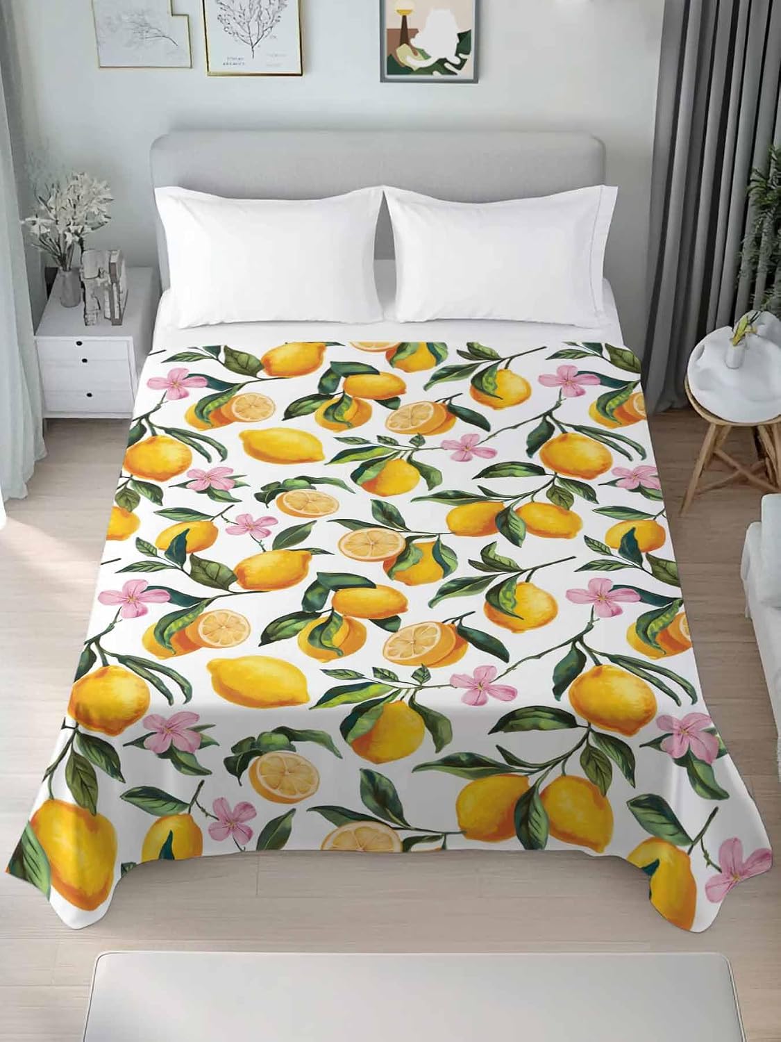 Twin Flat Sheet Only,Summer Lemon Floral Seamless Top Sheet Breathable Soft Brushed Polyester Microfiber Bed Sheets,Yellow on White Hotel Luxury Bedding Sheets for Women,Men,Teens