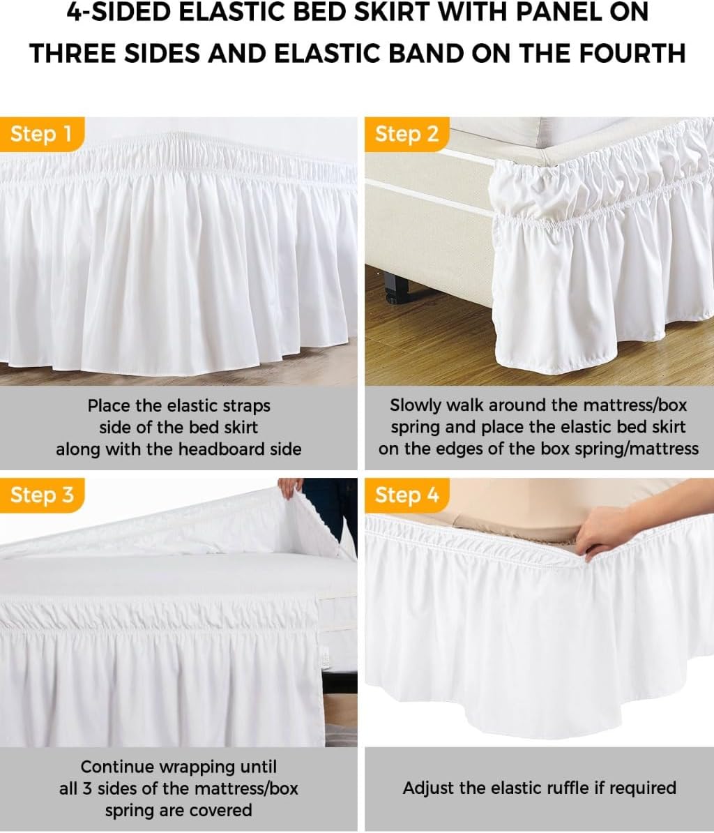 Lemon Gnomes Bed Skirt Queen Size 16 Inch Drop, Adjustable Elastic Wrap Around Bed Skirts Easy Fitting Dust Ruffle Bedskirt Bed Frame Cover Summer Botanical Yellow Fruit Black Lattice