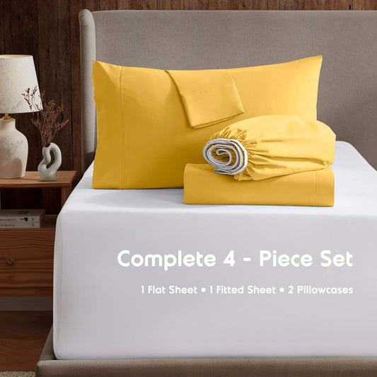 King Bed Sheet Set - Yellow - Instantly Soft Microfiber, No Break-in Wash - 4-Piece Deep Pocket Sheets & Pillowcases, Stays Put All Night