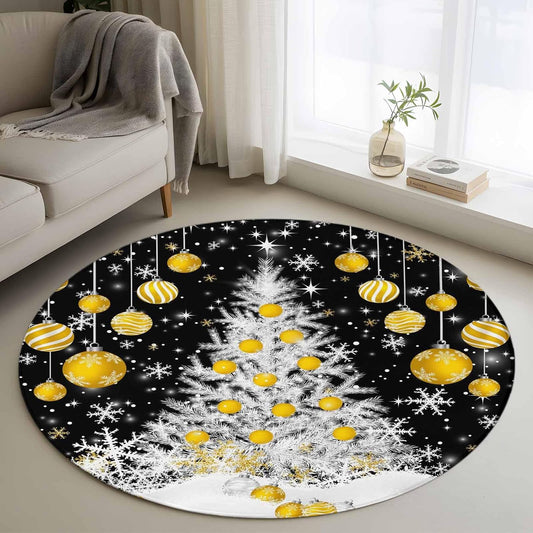 Round Rugs 3.3 Ft, Black Yellow Christmas Non Slip Area Rugs for Kitchen Bedroom Entryway, Xmas Tree Snowflake Winter Washable Carpet Runner Rug Floor Mats for Bedroom Home Decor