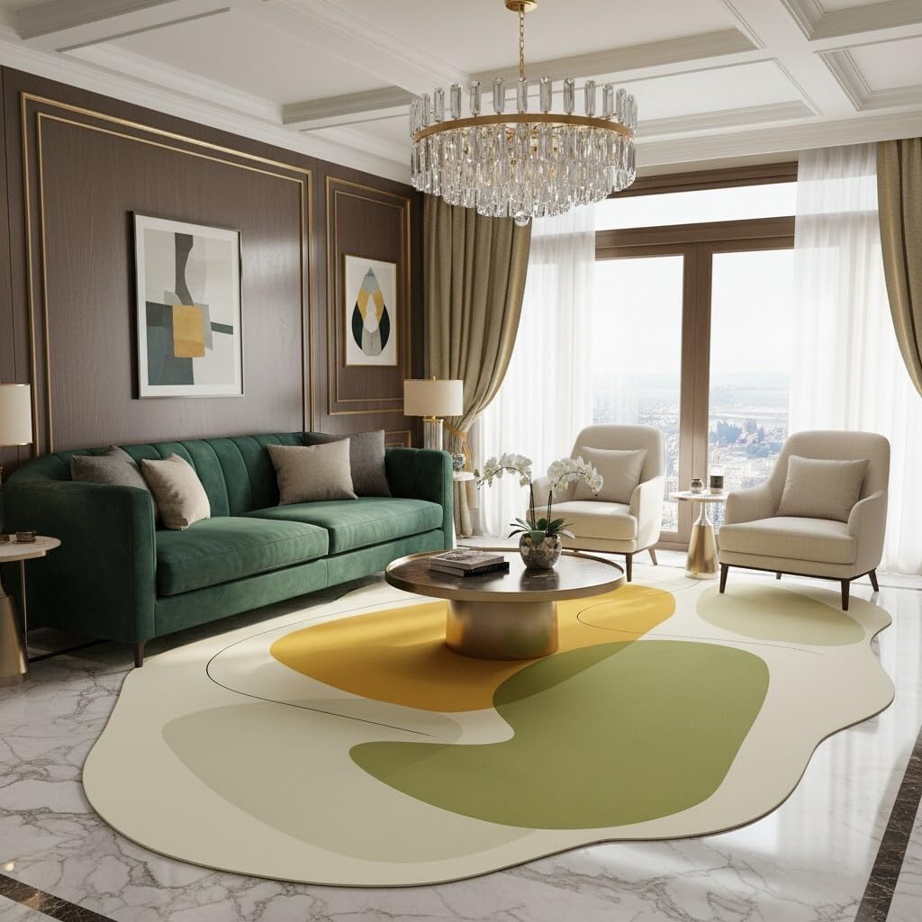 Modern Abstract Boho Minimalist Irregular Shaped Rug 5x7 Yellow Beige Green Rugs for Living Room Bedroom Playroom Guestroom Classroom Rug Classic Art Design Skin Friendly Washable Area Rugs