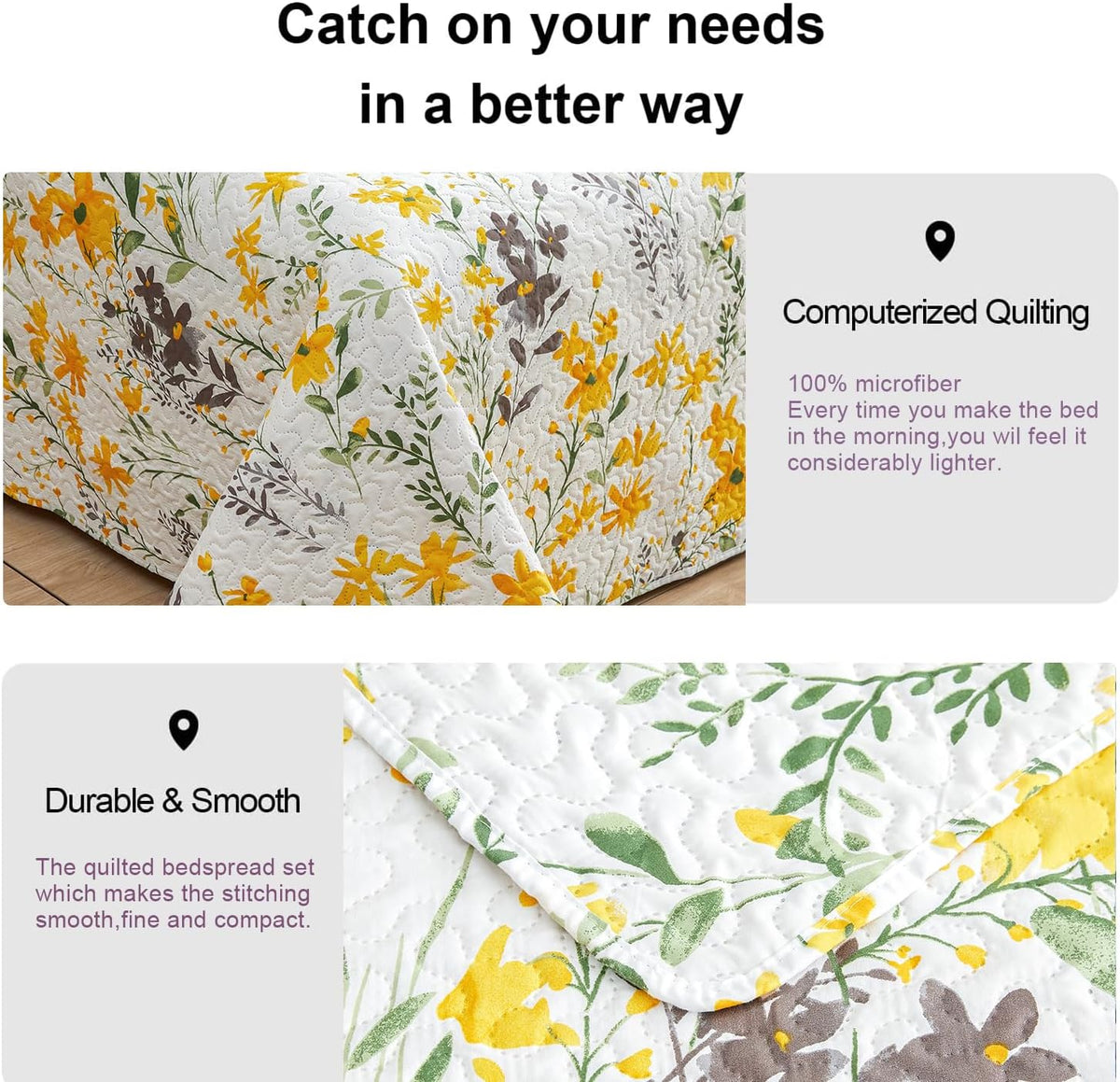 Floral Quilt Sets Full/Queen Size Reversible Countryside Bedspread Coverlets Lightweight Yellow Flower Quilt Green Leaves Bed Covers for All Season,1 Quilt +2 Pillow Shams