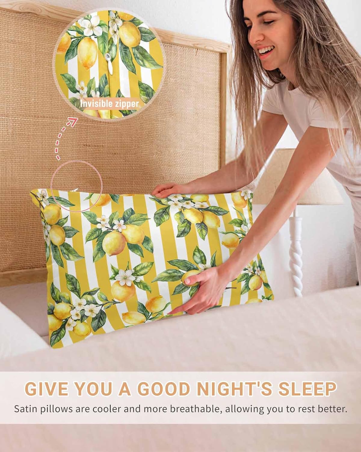 Lemon Standard Pillowcase Set of 2, Summer Yellow Stripes Satin Pillow Case with Smooth Hidden Zipper Closure, Soft Throw Covers for Couch Sofa Home Decoration 20 X 26 Inches