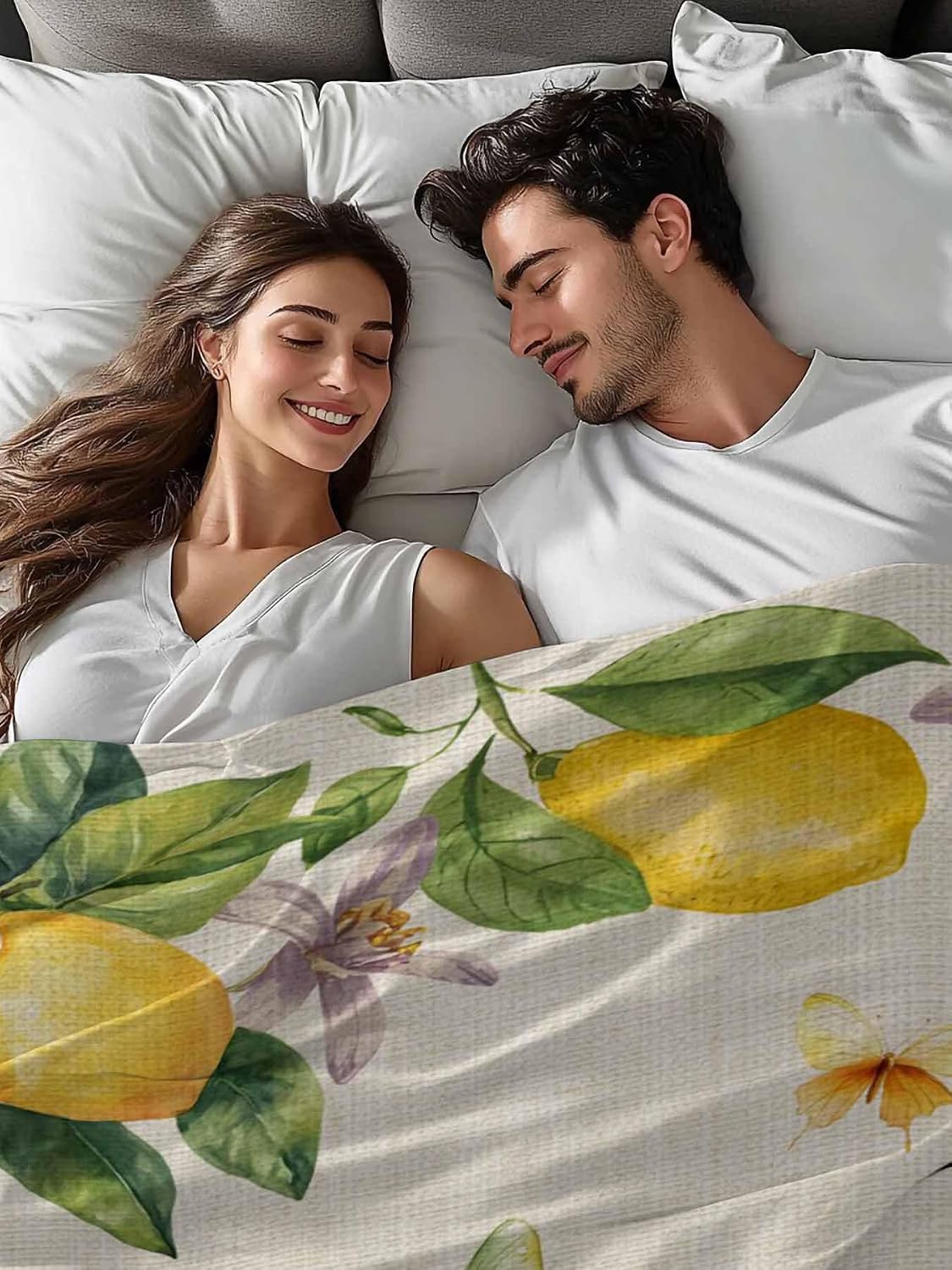 Flat Sheet, 1 Piece Top Sheet Twin Size Yellow Lemon Floral Soft Breathable Bed Sheet Watercolor Butterfly Purple Flower Retro Brushed Microfiber Bed Sheet, Wrinkle Resistant, Fade Resistant Bedding