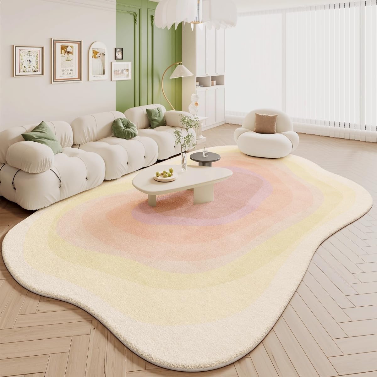 Pastel Yellow Cream Pink Irregular Area Rug 4x6 Modern Abstract Irregular Shaped Rug for Living Room Bedroom Guestroom Unique Designer Machine Washable Ultra Soft Carpet Boho Home Office Floor Mat