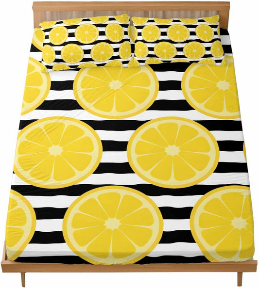 Twin XL Fitted Sheet, Farmhouses Country Yellow Lemon Soft Brushed Microfiber Deep Pocket Bed Sheets Set, Black White Stripes Breathable Bottom Sheets with Pillowcase,Fits Mattress Up to 16"